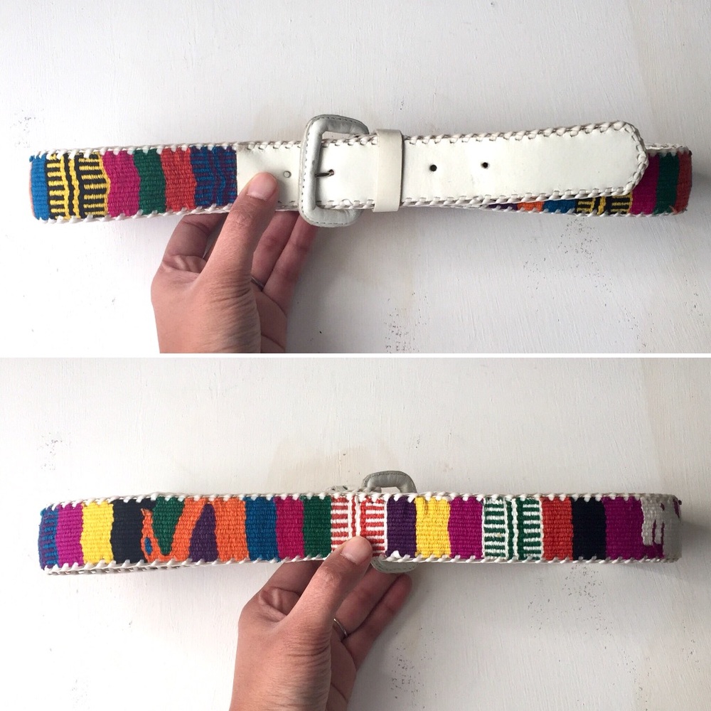 VINTAGE Rare White Guatemalan Leather Fabric Belt